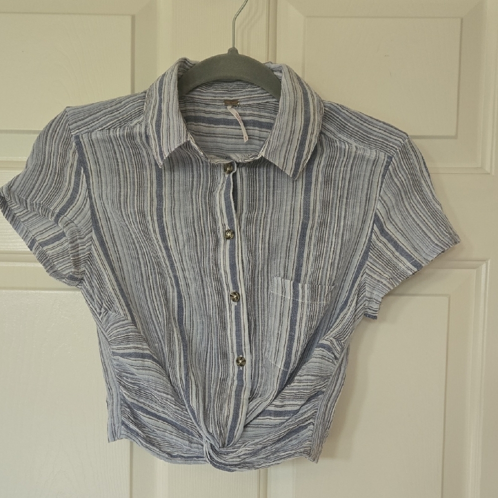 Free People Blue and White Striped Button Front Crop Top